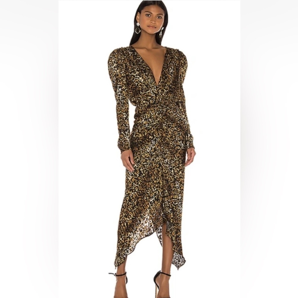 Ronny Kobo Anthropologie Astrid Sm Leopard Print Brown Black Ruched Sheath Midi